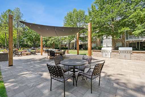 A patio with a table and chairs under a shade sail.