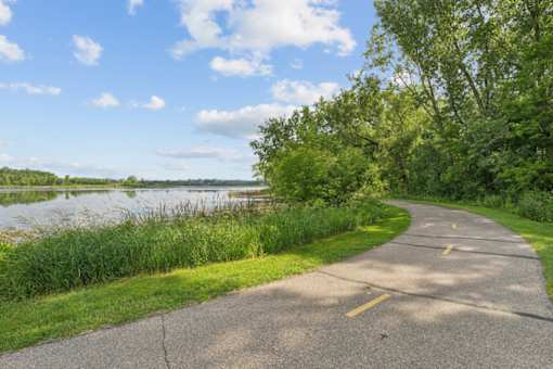 A paved road with a yellow line runs parallel to a body of water.