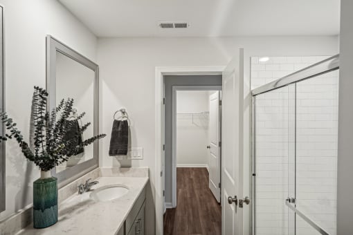 a bathroom with a sink and a shower and a mirror