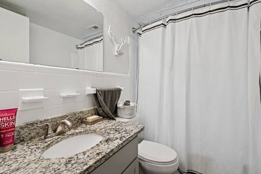 A bathroom with a sink, toilet, and shower curtain.