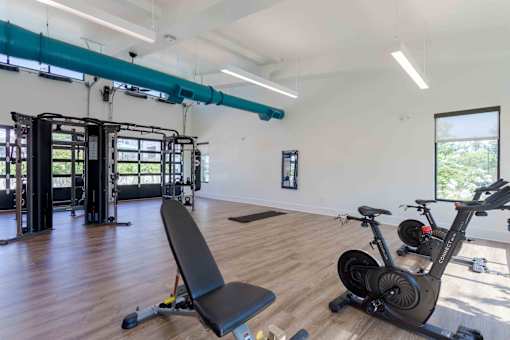 A gym with a variety of equipment including a stationary bike, a rowing machine, and a bench.