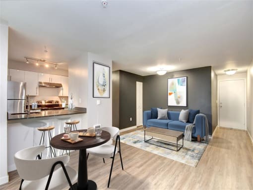 a living room with a couch and a table