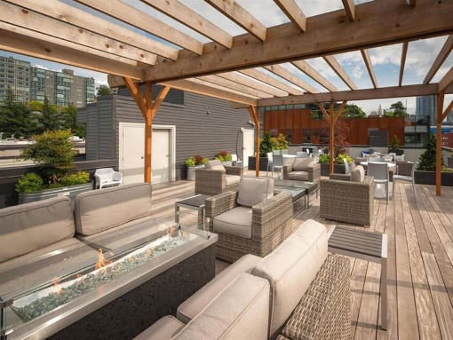 Seattle Luxury Apartments- Union Bay- Long Firepit with Bench Seating Covered by Gazeebo