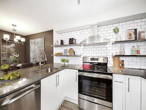 Luxury Apartments for Rent in Seattle- Union Bay- Kitchen with Tile Backsplash with Stainless-Steel Appliances and Quartz Countertops