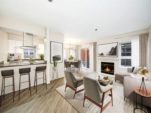 Seattle, WA Luxury Apartments- Union Bay- Living Room and Fireplace with Sectional Couch and Tan Area Rug
