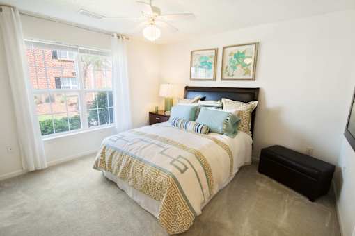 A bedroom with a bed, nightstand, and window.