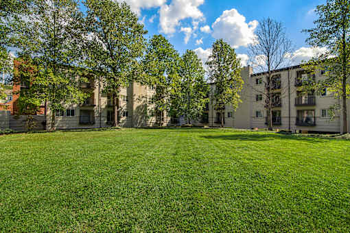 A grassy area in front of apartment buildings.