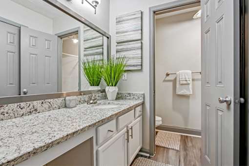 A bathroom with a marble countertop and a mirror above it.
