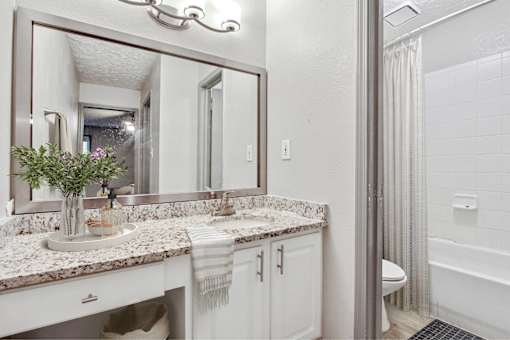 A bathroom with a large mirror above a sink with a vase of flowers on the counter.