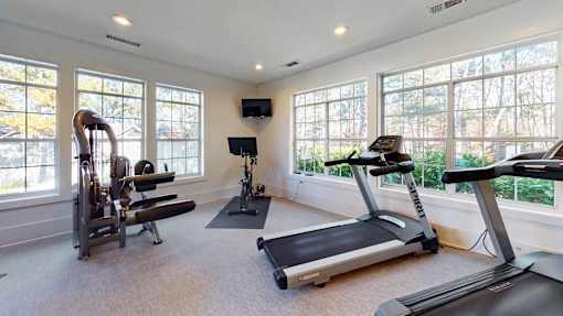 A home gym with a treadmill, elliptical machines, and a weight bench.