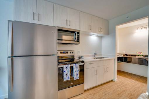 kitchen with stainless steel appliances, microwave, range