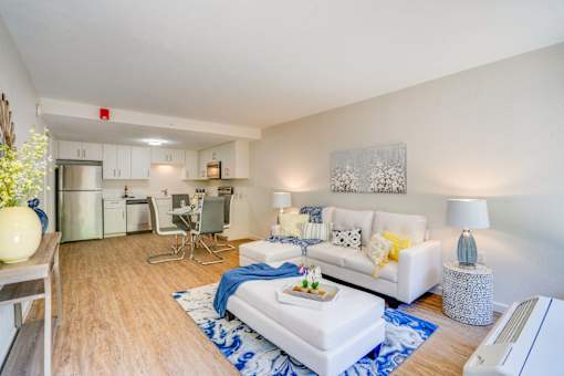 a living room with a couch and a table