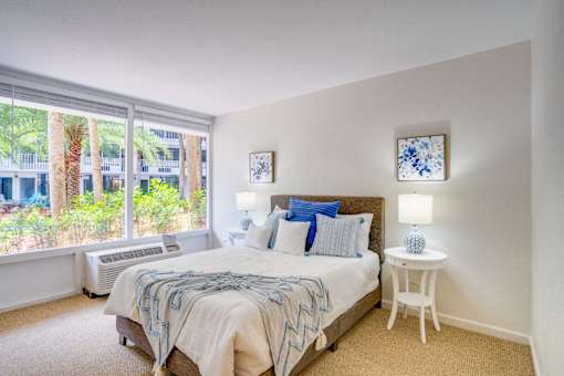 bedroom with expansive windows and carpeted floor