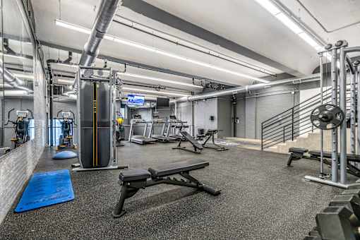 A gym with a variety of equipment including a bench press, a squat rack, and a weight machine.