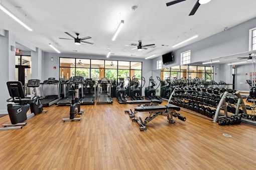 A gym with a variety of equipment including treadmills, weights, and exercise machines.