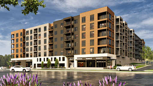 A rendering of a modern apartment complex with a white car parked in front.