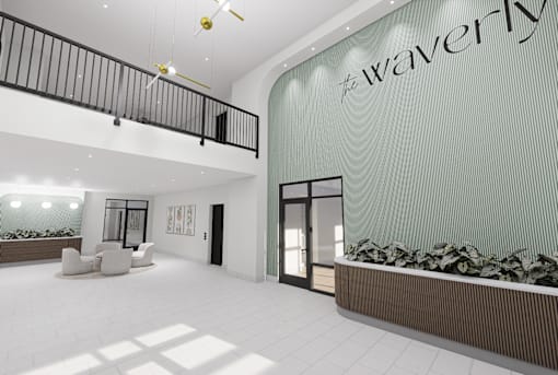 A modern interior space with a glass wall and a rocky ledge.