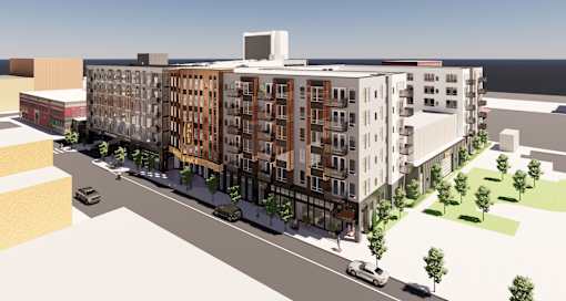 A rendering of a modern apartment complex with a street view.
