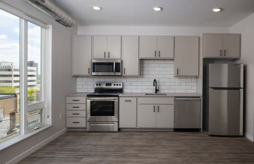 Contemporary Kitchen without Island at Kesler Apartments in Downtown Fargo, Fargo ND 58102