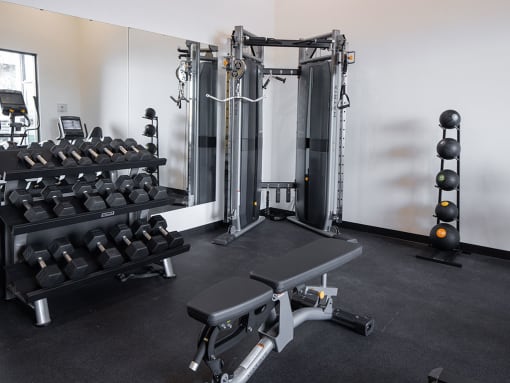 a fully equipped fitness room with weights and cardio equipment at The Landing at 1001 NP, Fargo, ND 58102