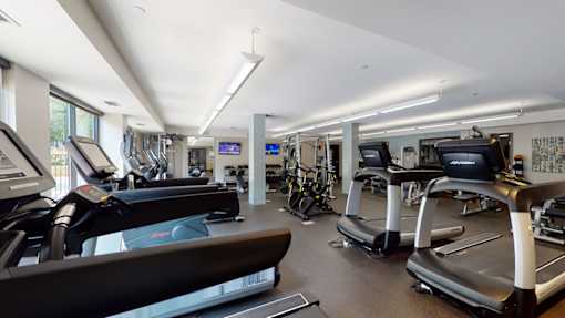A gym with treadmills, exercise bikes, and other equipment.