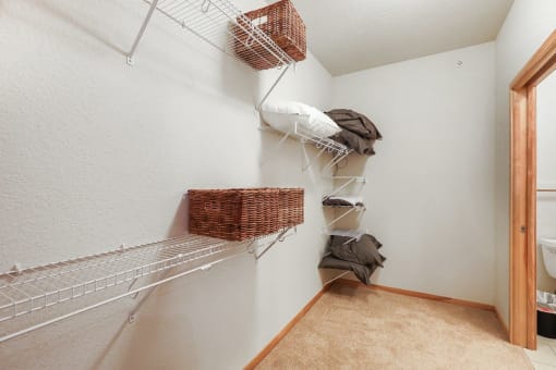 the spacious walk in closet in the master bedroom has a wire closet organizer