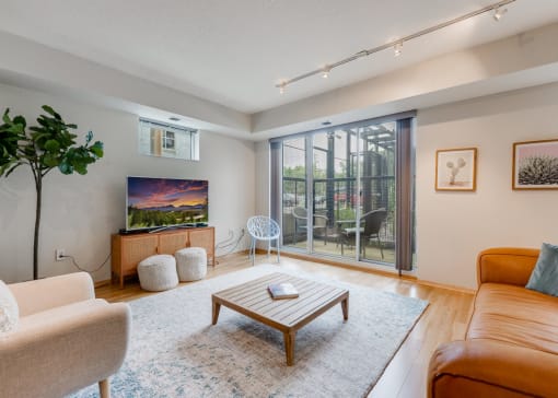 a living room with a couch and a coffee table