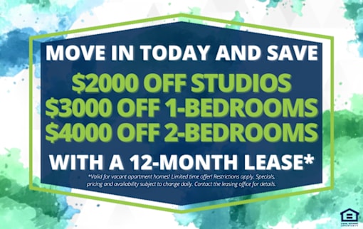 A promotional image offering discounts on studios and bedrooms for a 12-month lease.