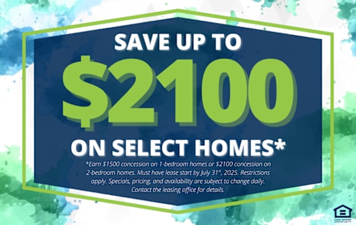 A promotional image advertising savings of up to $2100 on select homes.