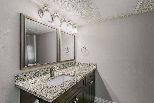 Bathroom vanity with modern lighting and mirror