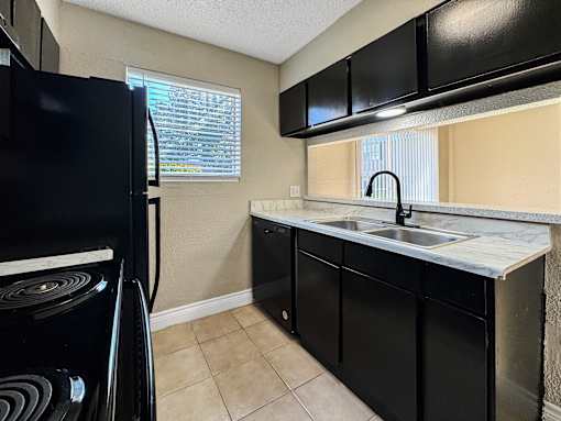 Modern kitchen with black cabinets and natural light – Borders Apartments Brownsville TX