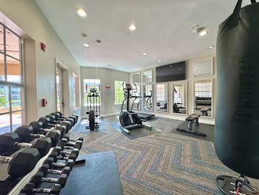 A gym with a variety of equipment including dumbbells, a treadmill, and a punching bag.