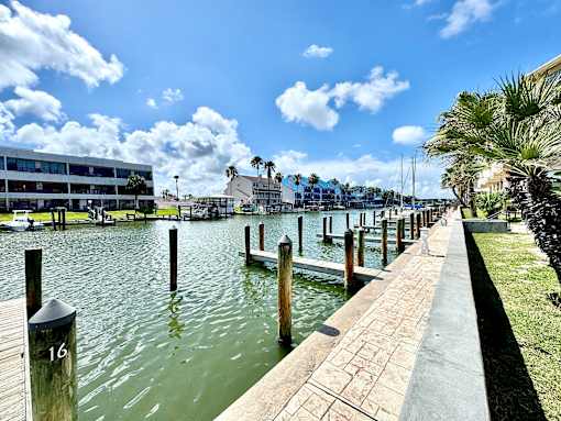 A dock with a building in the background and palm trees.