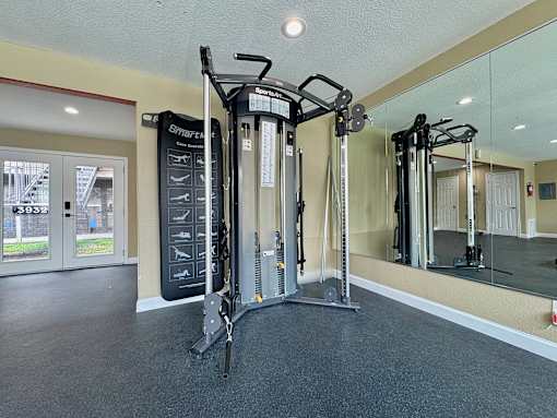 A gym with a mirror, treadmill, and weights.