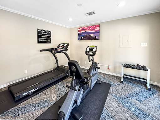 A gym with treadmills, weights and a TV.