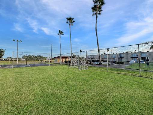 A grassy field with a goal post and palm trees.