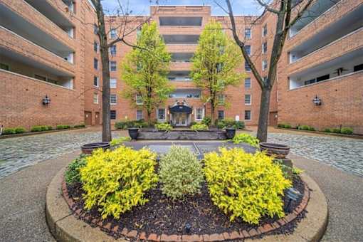 A courtyard with a circular flower bed in front of apartment buildings.