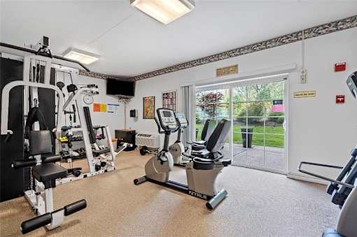 A well-equipped gym with a variety of machines and a view of the outside through a large window.