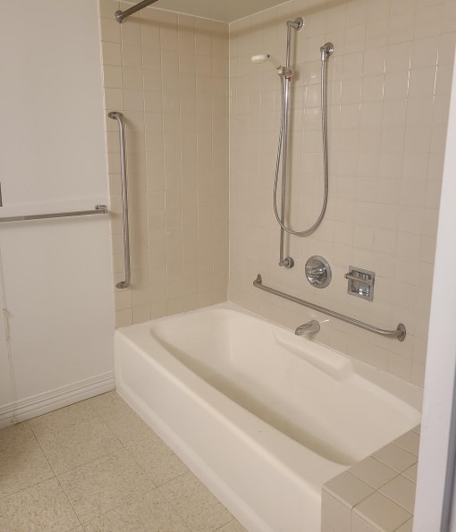 a bathroom with a bathtub and shower