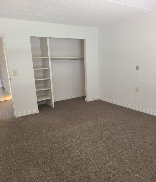 a small bedroom with a closet and a door to a bathroom