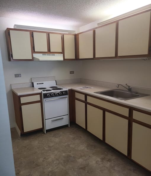 an empty kitchen with a stove and sink