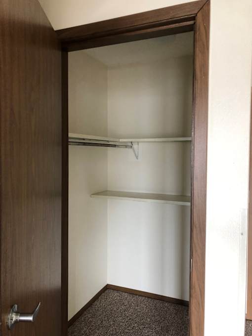 A brown door with a silver handle is open.