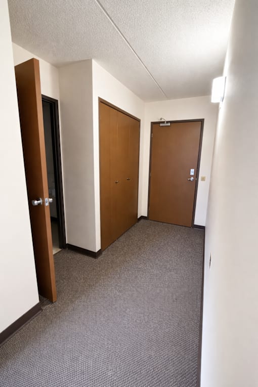 A hallway with two doors and carpeted flooring.