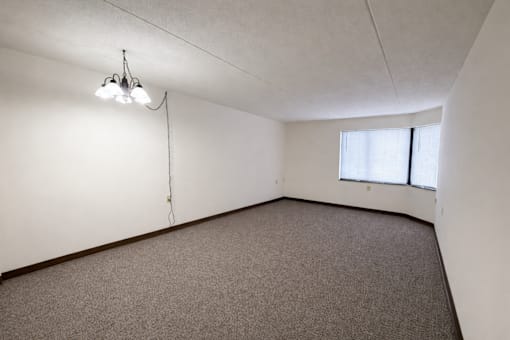 A room with a carpeted floor and a window.