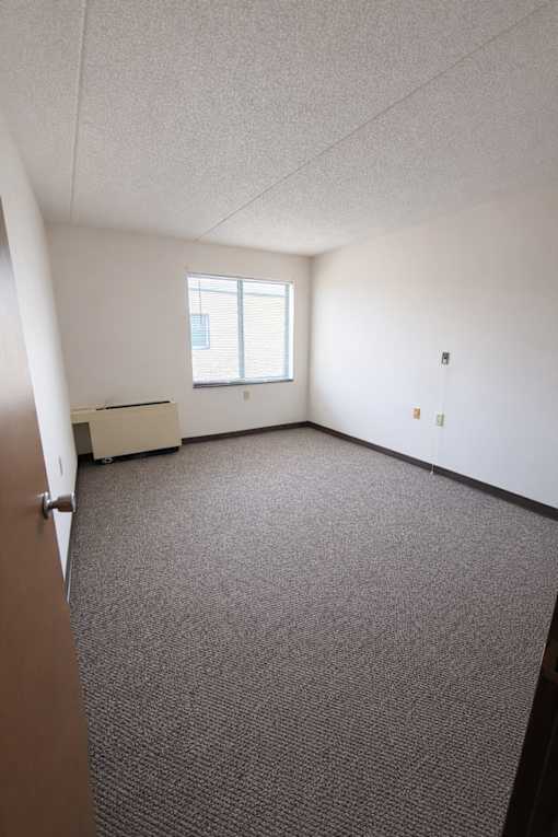 A carpeted room with a window and a filing cabinet.