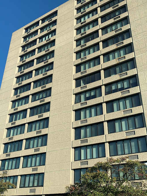 A tall building with many windows and a tree on the right side.