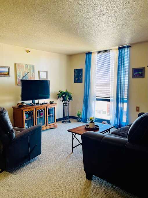 A living room with a black leather couch, a wooden cabinet with a television on top, and a small table with a plant on it.