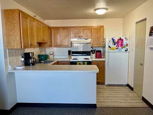 A kitchen with a white refrigerator and wooden cabinets.