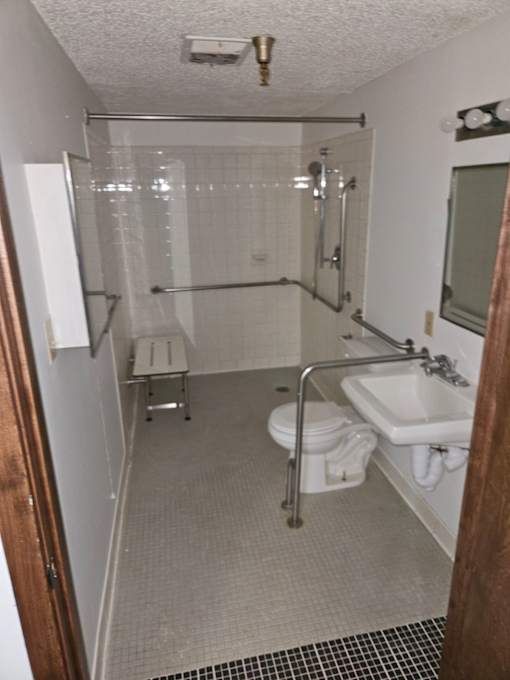 A bathroom with a sink, toilet, and shower.