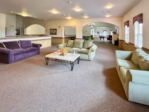 a large living room with couches and a coffee table